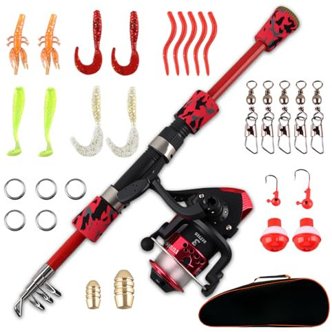 SilverChry Mini-Angelset für Kinder, Kinder Angelset, Teleskopische Angelrute mit Angelrolle und Angelköder, Camouflage-Angelrute Tragetasche Rouge, Salzwasser Süßwasser, Jungen, Mädchen, Jugendliche