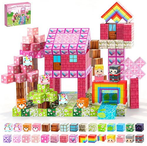 MOMOSTAR Construction Magnetique Enfant, 160 Pièces Cube Magnétique, Bloc De Construction Magnétique Thème Rose Magnetic Building Blocks Jouet Cadeau Fille 3 4 5 6 7 8 9 Ans