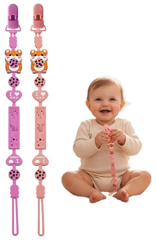 Catena per lecca-lecca in silicone, portaciuccio 2 in 1 e design monoblocco, cinghia per neonati e ragazzi, senza BPA, catena di criceto in 2 confezioni (Hamster - C)