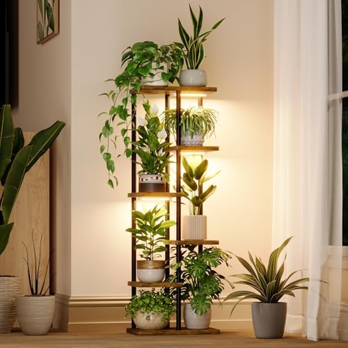 Bamworld Mensola per piante con luce crescente per piante da interno, angolo a 6 livelli, supporto per piante in metallo, supporto per fiori in legno per casa, soggiorno, decorazione patio
