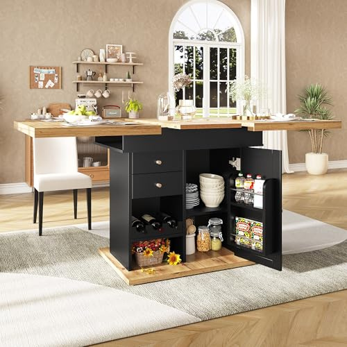 Goldicoo Extendable Dining Table with Storage, MDF with Metal Frame, 110-140x80x75cm, Extendable Kitchen Table with Wine Rack, Storage Drawer, Black/Natural
