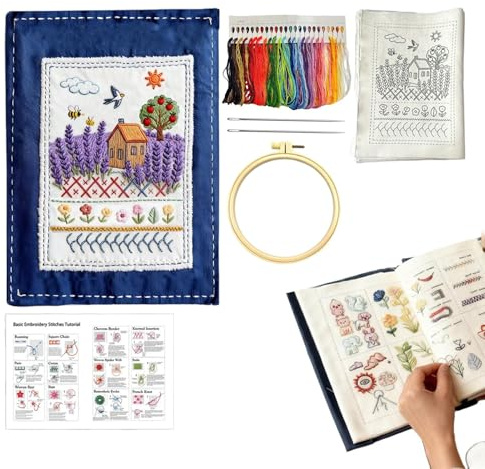Genérico Libro de puntada de bricolaje, libro de puntadas de bordado incluye un kit de costura, uía completa para principiantes adultos, libros de bordado portátil para amantes de las manualidades