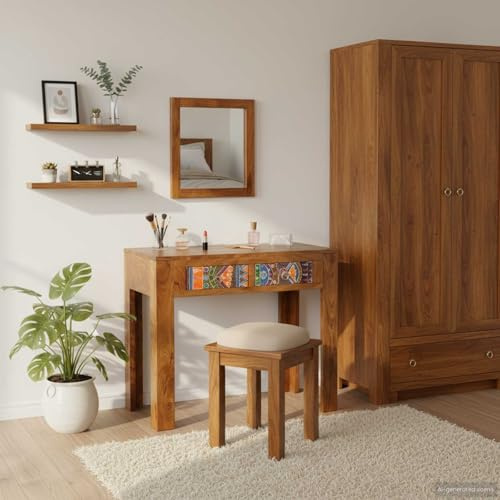 SooIarix Dressing Table Brown Solid Acacia Wood 90 x 45 x 75 cm with Wing Mirror and 2 Drawers Modern Makeup Table for Bedroom and Dressing Table