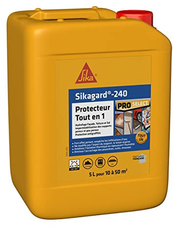 SIKA - Protection hydrofuge façade/mur/toiture et sol - Sikagard 240 Protecteur Tout en 1 - Intérieur et Extérieur - Prêt à l'emploi - Réduit significativement tâches et encrassement des matériaux- 5L