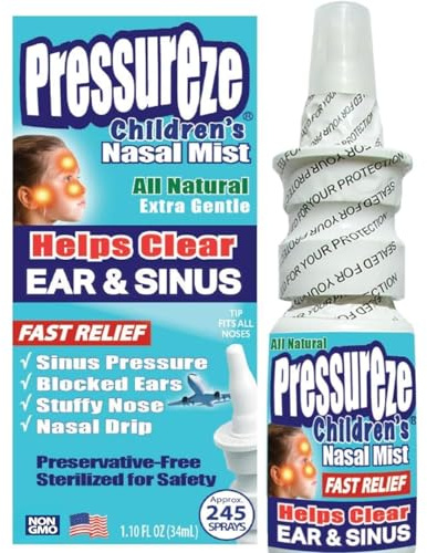 Pressureze Preservative-Free Sterile Nasal Spray for Children - for Sinus and Ear Relief - Open Blocked Ear Canals - Kids Fast Congestion Relief Nasal Spray, 245 Sprays - 34 ml (Pack of 1)