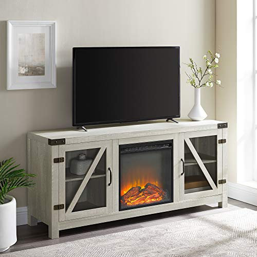 Walker Edison Farmhouse Barn Wood and Glass Fireplace Stand for TV's up to 64 Flat Screen Living Room Storage Cabinet Doors and Shelves Entertainment Center, 58 Inch, Stone Grey