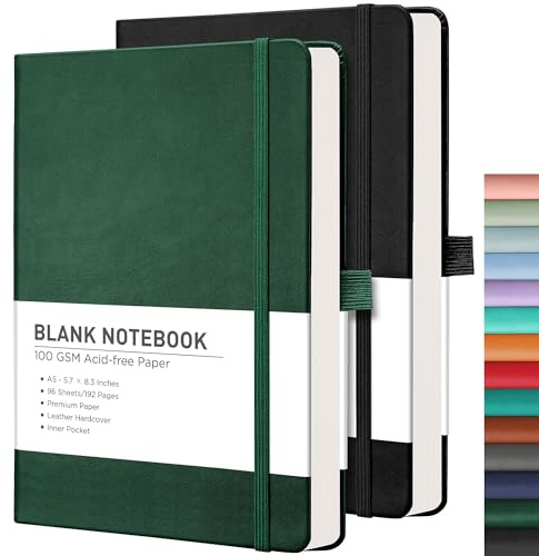 RETTACY Blank Journal Notebook, 2-Pack, 192 Pages per Pack, A5 Medium Size (5.7'' x 8.3''), Leather Hardcover, 100 GSM Thick Paper, for Sketching, Drawing, Painting (Black & Dark Green)