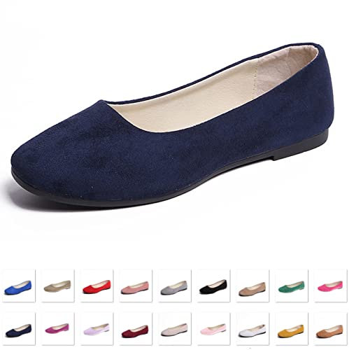 Hwalleum Ballerines plates simples et décontractées pour femme - Couleur unie - Pour le travail - Pour le bureau - Confortables - Bout pointu, bleu marine, 37 EU