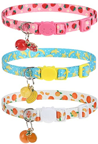 VKPETFR Breakaway Cat Collars with Bell & Cute Pendants, 3 Pack Safety Buckle Kitten Collars, Adjustable Pet Collar Ideal for Girl Boy Cats Puppy (Fruit Pattern)