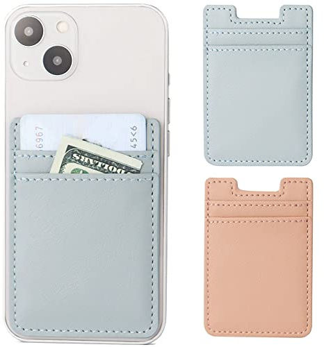 2Pack Phone Wallet,Leather Phone Card Holder Adhesive Stick On Credit Card Pocket for Back of Phone Case iPhone and Android-Pink,Blue