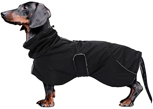 Dachshund Coats Waterproof, Perfect for Dachshunds, Sausage, Weiner Dog Winter Coat with Padded Fleece, Puppy Snowsuit with Adjustable Bands and High Vis Reflective Trim - Black - M