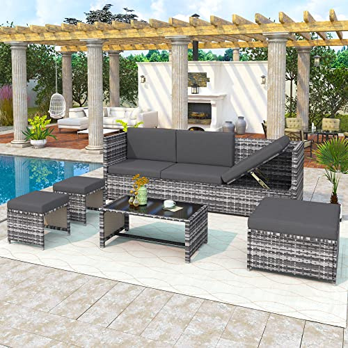 BTM 6 Seater Garden Furniture Set, PE Ratten Garden Sofa Set, Lounge Set with an Adjustable Seat for Lying & Tee Table & Cushions & Ottomans