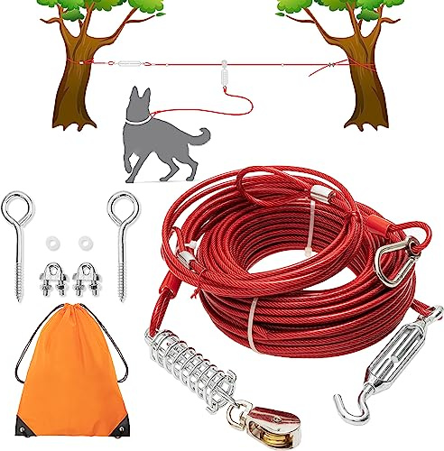 Cable de amarre para perro – Cable de perro de 100 pies de largo con cable de correr de 10 pies para entrenamiento en el patio, correr, acampar, senderismo, al aire libre, correa de plomo resistente a