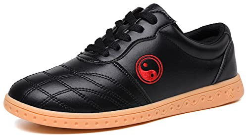 VIBLiSS Unisex Scarpe Arti Marziali, Cuoio Tai Chi Kung Fu Scarpe Traspirante Antiscivolo Wu Shu Sport Gym Sneaker per Esercizi Mattutini Quotidiani,Nero,44 EU
