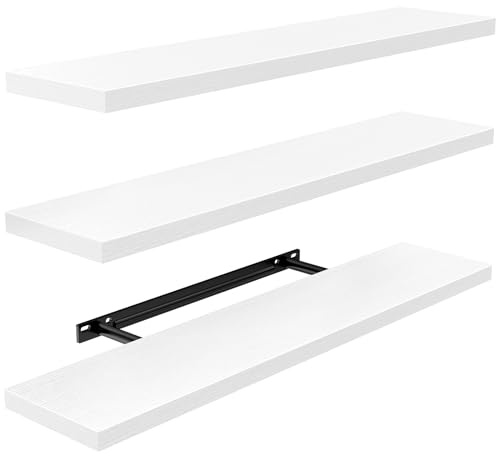 AMADA HOMEFURNISHING 60cm Mensola da Muro, Mensole da Muro per Bagno/Soggiorno/Camera da letto/Cucina, Mensole Bianche con Staffe Invisibili Set di 3 - AMFS44W