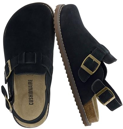 CUSHIONAIRE Brooklyn Suede Womens Slides– Comfortable Clog Mules with Adjustable Buckles – Summer Shoes for Women,BLACK 8
