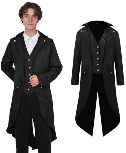 AFJIODUV Costume steampunk pour homme, veste vintage victorienne, manteau gothique, vêtements médiévaux, manteau frack pour homme, pour Halloween, carnaval, cosplay, fête, Noir , M