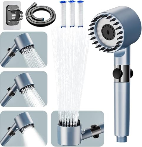 Hard Water Filter Shower Head with 15 Stage Filter, 3+1 Spray Jet Modes High Pressure Shower Head, Includes 1.5m Hose and Adjustable Holder, Ideal for Shower, Tub & Pet Cleaning(Blue