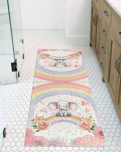 Cute Elephant Shower Mat Non Slip Bathtub Mat Spring Pink Flower Love Rainbow Animal Bath Mat Soft Loofah Shower Mats for Shower Tub Bathroom Quick Drying Foot Mat, 16x36 Inch