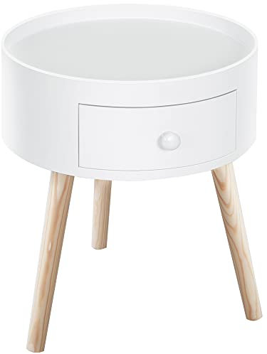 HOMCOM Modern Side Table, Small Coffee Table, Round Bedside Table with Drawer and Wood Legs for Living Room, Bedroom, White