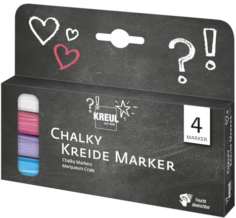 Kreul 22707 - Chalky Kreide Marker Set, 4 crayons à pointe ogive, épaisseur de trait env. 2-3 mm, craie liquide effaçable pour dessiner sur tableaux, memoboards ou surfaces en verre