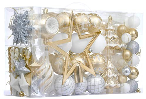 Valery Madelyn Christmas Ball Ornaments, 100ct White and Gold Shatterproof Christmas Tree Decorations Set, Elegant Hanging Ornaments for Xmas Trees Bulk Holiday Wedding Party Decor
