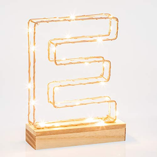 Light Up Letter E | LED Alphabet Wire Frame Letter Lights | Rose Gold Copper Initials | Personalised Lighting | Battery Powered | Office Living Room Bedroom