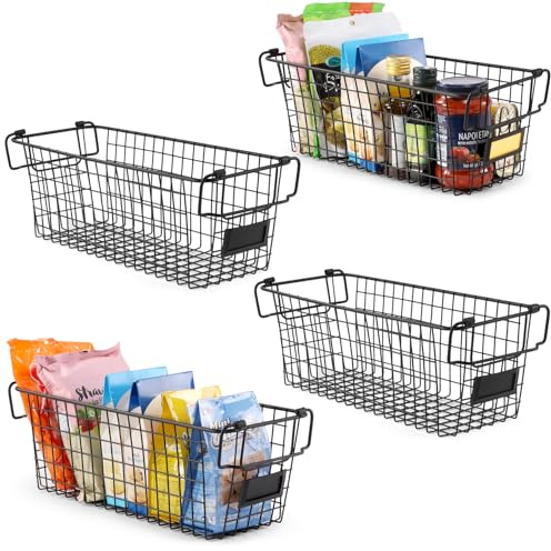 4 Pack [ XL Large ] STACKABLE Wire Baskets for Organizing - Pantry Storage and Organization Metal Bins for Produce, Food, Fruit - Kitchen Bathroom Closet Cabinet, Countertop, Under Sink Organizer