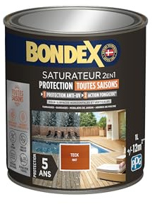 BONDEX - Saturateur Terrasse Bois Intérieur & Extérieur - Idéale pour Rénover, Décorer et Protéger - À Base d'Eau - Haute Protection - Anti-UV, Anti-Grisaillement - Mat - 1L - Teck