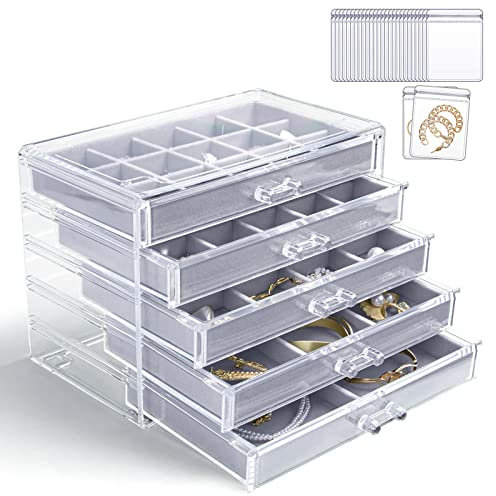 KAMIER Earring Holder Organizer Box with 5 Drawers, Clear Acrylic Jewellery Storage Box for Women, Includes 20 Portable Clear Bags for Earrings, Rings, Bracelets, Necklaces, Gray
