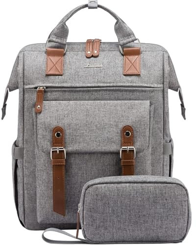 LOVEVOOK Mochila para mujer, mochila para portátil de 17 pulgadas con puerto de carga USB, resistente al agua para portátil, bolsa de trabajo para viajes de negocios, Gris + marrón.