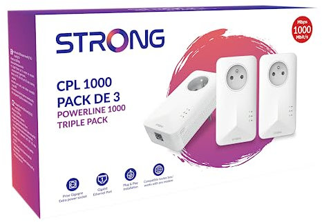 STRONG - Kit Powerline 1000 – Trio Enchufes CPL – Kit CPL – 1000 Mbps – Compatible con Cualquier Caja/Router – 1 Puerto Ethernet + Conector de Filtro – Instalación rápida – Acceso a Internet de Alta