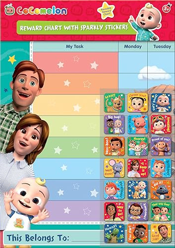 Paper Projects CoComelon Belohnungstafel für den Alltag, inklusive 56 glitzernden Aufklebern, buntes Diagramm ist abwischbar
