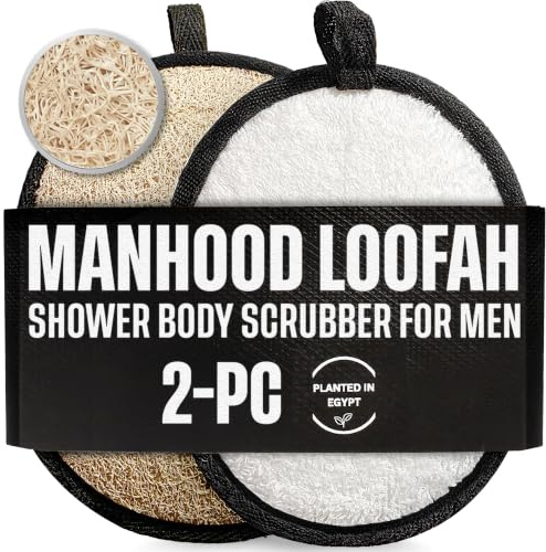 Natural Loofah Shower Body Scrubber for Men, Egyptian Luffa Sponge Exfoliating Loofah, Body Sponges for Shower, Mens Hygiene Essentials, Bath Loofahs Body Scrubber Shower Tool - 2PCS Black & White Set