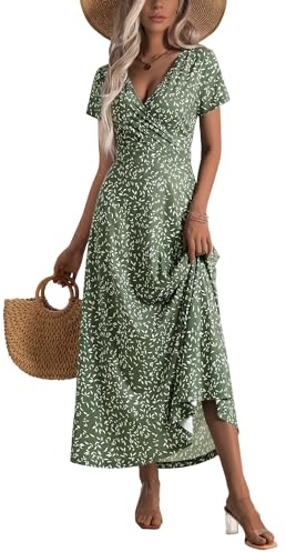 HUHOT Summer Maxi Dresses for Women 2026 2025 Vestidos De Verano para Mujer Plus Size Green Floral Teacher Casual Dress Spring Easter Ladies Sundress Wrap Long Beach Sexy