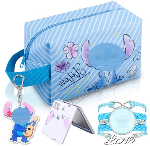 Borsa Cosmetica da Viaggio Stit, Trousse Trucchi Ragazza Con Portachiavi Piccolo Specchio, Astuccio Bambina Trousse Trucchi Bambina Borsa da Toilette Viaggio(Blu)