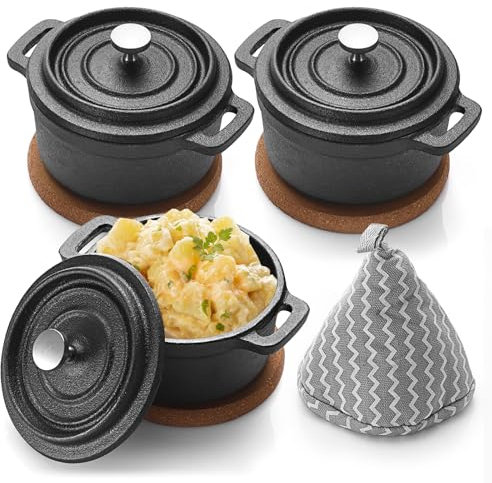 BSTKEY Mini Cocotte Set, 3 Pcs Mini Dutch Oven with Lids and Handles, Cast Iron Garlic Roaster with Cork Pan Mat, Stovetop, Oven Safe (8 oz)