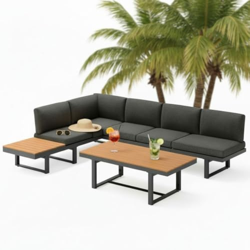 Melko Gartenmöbel Set Aluminium Ecklounge 5-Fach verstellbare Rückenlehnen Essgruppe höhenverstellbarer Tisch WPC | wetterfest und rostfrei | extra Dicke Wasserabweisende Kissen