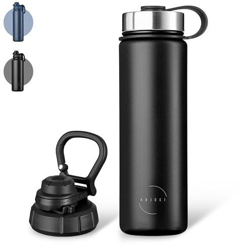 Abjoki Edelstahl Trinkflasche 710ml „Infinity“ - auslaufsicher dank Sicherungsverschluss - BPA-frei, LFGB-Zertifiziert - mit 2 Deckel - Thermosflasche für Sport & Outdoor - Onyx Black