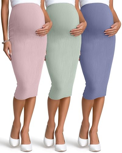 Sweetyweee 3 Pack Women's Maternity Skirts, Over The Belly Thermal Midi Ribbed Pregnancy High Waisted Stretchy Pencil Skirts(Pink, Bean Green, Haze Blue,XX-Large)