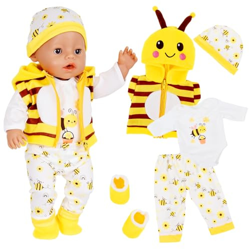5 Pcs Doll Clothes for 14-17 inch Baby Dolls, 35-43cm Bee Overall Outfits with Hat Socks Long Sleeve Pants and Vest Cute Bee 43cm Dolls Clothes Accessories Girls Birthday Gift