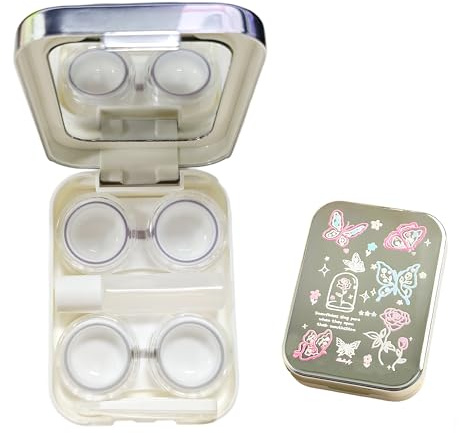 REKUA 1PCS Square Contact Lens Cases with Mirror, Portable Contact Lenses Case Box Holder Container, Graffiti Butterfly Travel Soaking Case Kit for Daily Use, Compact Eye Lens Holder Box for Women