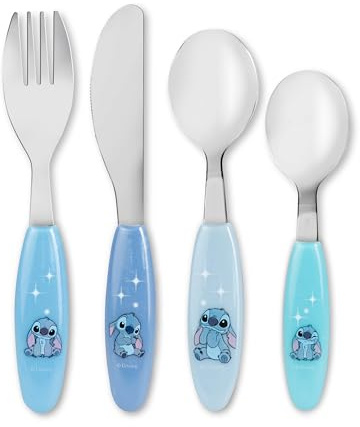 Stitch Kinderbesteck Set 4-teilig - Edelstahl rostfrei, spülmaschinengeeignet, in Geschenkverpackung - Messer, Gabel, 2 Löffel - Kinder Besteck, Esslern-Besteck für Kleinkinder
