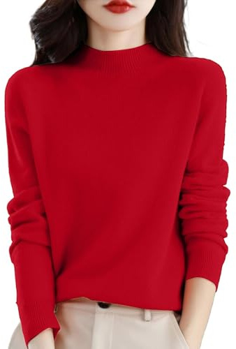 Cashmere Jumpers Ladies Women's Semi Turtleneck Sweater Autumn and Winter Warm Loose Sweater Jumpers for Women UK Long Sleeve Solid Color Pullover with A Base Shirt (A-Red, S)