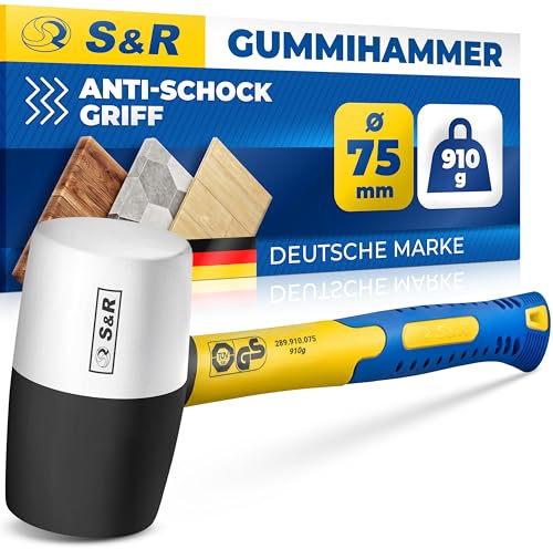 S&R Marteau Caoutchouc Noir/Blanc 75mm-910 Gr. Maillet en Caoutchouc sans rebonds professionnel manche en fibre de verre antidérapant. Marteau Carreleur pour pavés, carrelage, camping, certifié GS