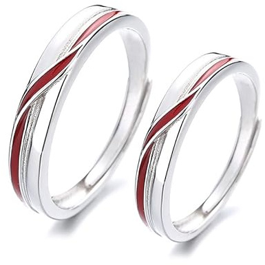 crayfomo Conjunto de anillos de pareja de hilo rojo, a juego geométrico abierto banda ajustable promesa anillos para mujeres hombres, regalo de joyería de tono plateado