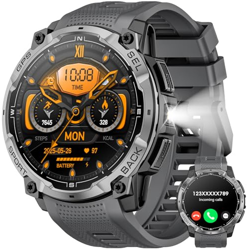 Joautrial Military Smart Watch for Men with GPS, 1.43 AMOLED Bluetooth Call, LED Flashlight, Rugged Tactical Watch for Android iOS, 3ATM Waterproof Fitness Tracker with Heart Rate Pedometer (Black)