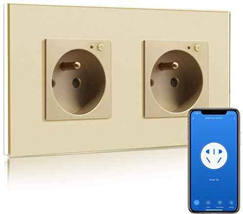 BSEED Prise Intelligente WiFi,Or Prise Murale 16 amp Double Prises de courant alternatif,Compatible avec Alexa and Google Home,avec Contrôle à Distance, Contrôle Vocal et Fonction de Temps