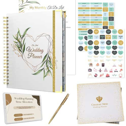 Wedding Planner Book and Organizer for The Bride Gold & Floral - Engagement Gift with Accessories - Undated Binder with Hard Cover, Pockets & Online Support