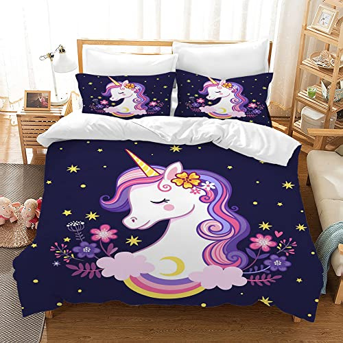 AVJWWD Set di Biancheria da Letto per Bambini, in Microfibra, con Motivo a Unicorno, con Stampa 3D, 3 Pezzi, con Chiusura a Strappo, Morbido per Ragazze (H, 135x200cm)